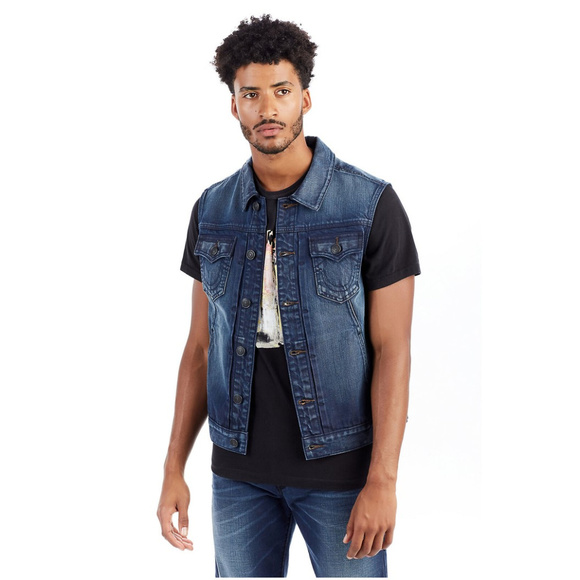 True Religion Men's Dylan Renegade Denim Vest in Blue Mariner - Picture 1 of 3